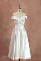 A-line Off-the-Shoulder Tea-length Satin Wedding Dress