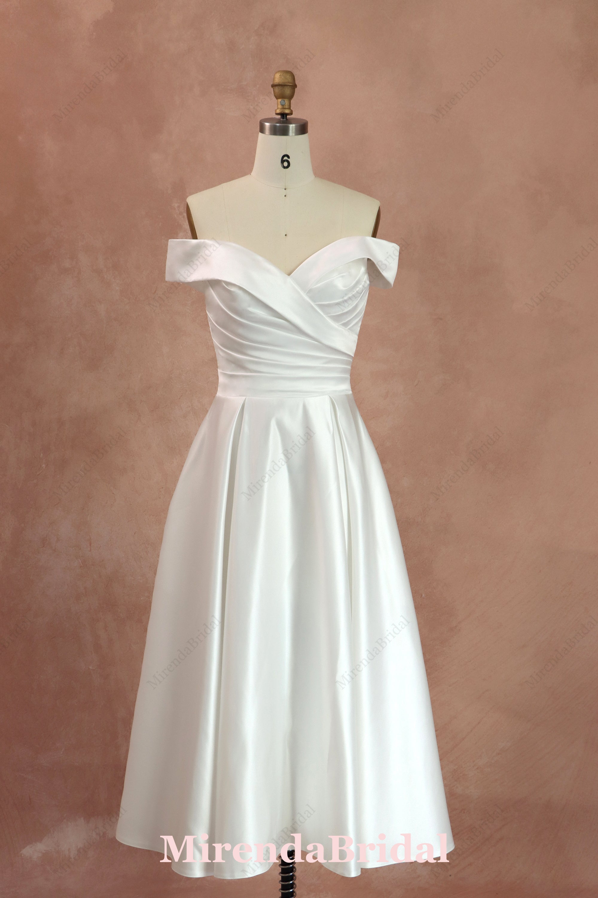 A-line Off-the-Shoulder Tea-length Satin Wedding Dress