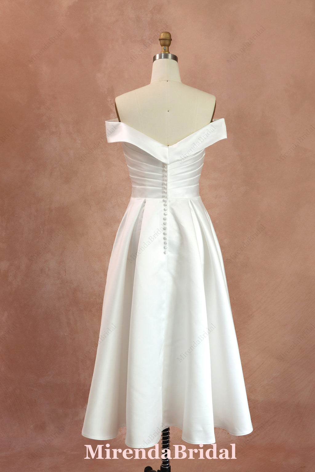 A-line Off-the-Shoulder Tea-length Satin Wedding Dress