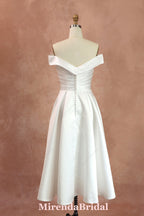 A-line Off-the-Shoulder Tea-length Satin Wedding Dress