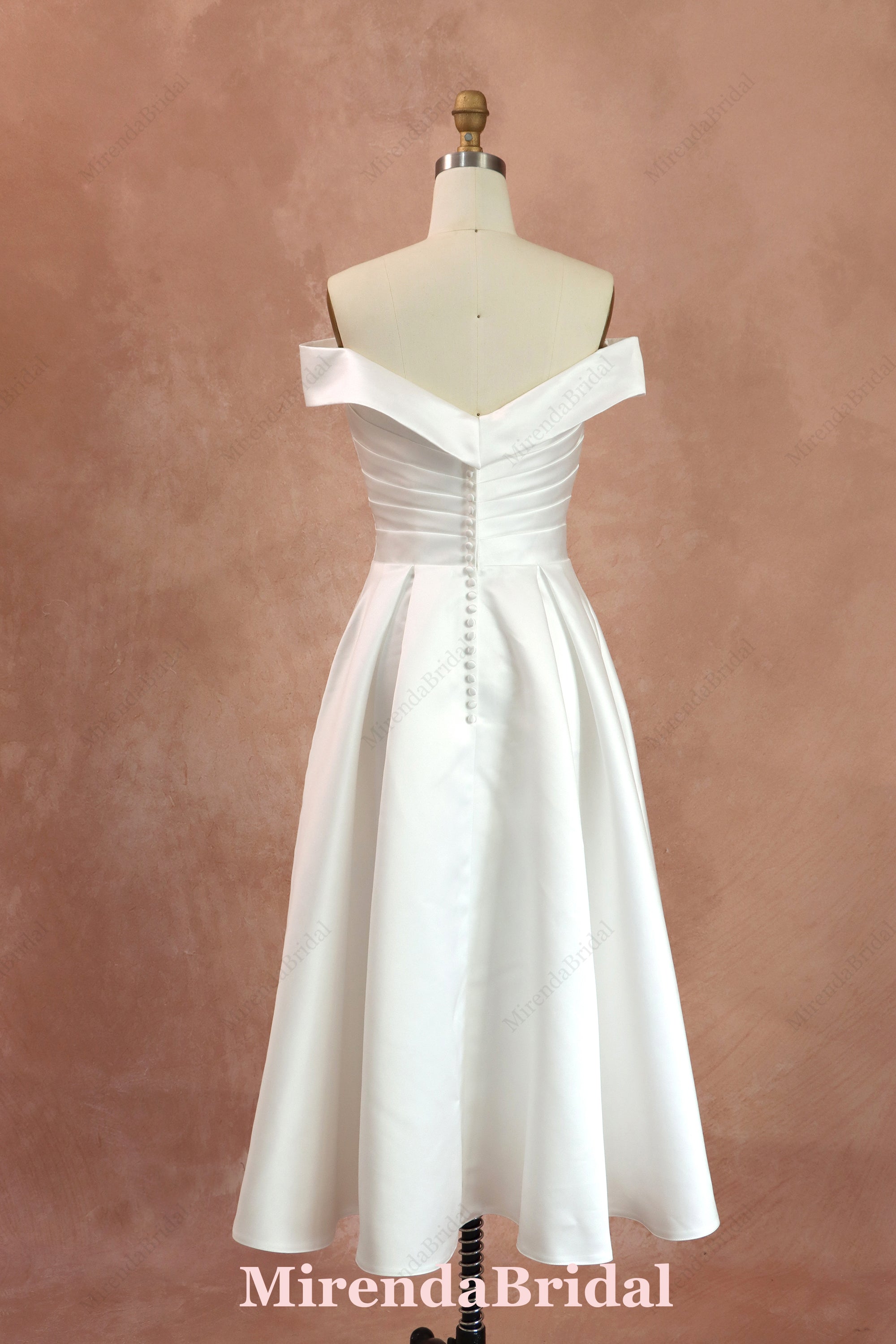 A-line Off-the-Shoulder Tea-length Satin Wedding Dress