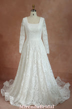 Long Sleeves Square Neck Modest Lace Bridal Gown