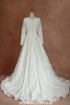 Long Sleeves Square Neck Modest Lace Bridal Gown