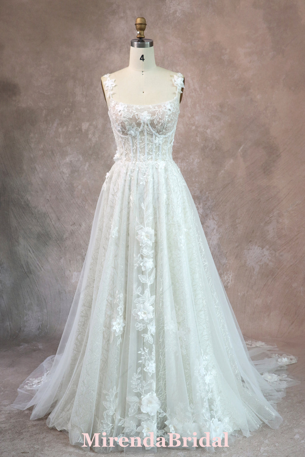 Romantic 3D Floral Lace Glitter Tulle Bridal Dress