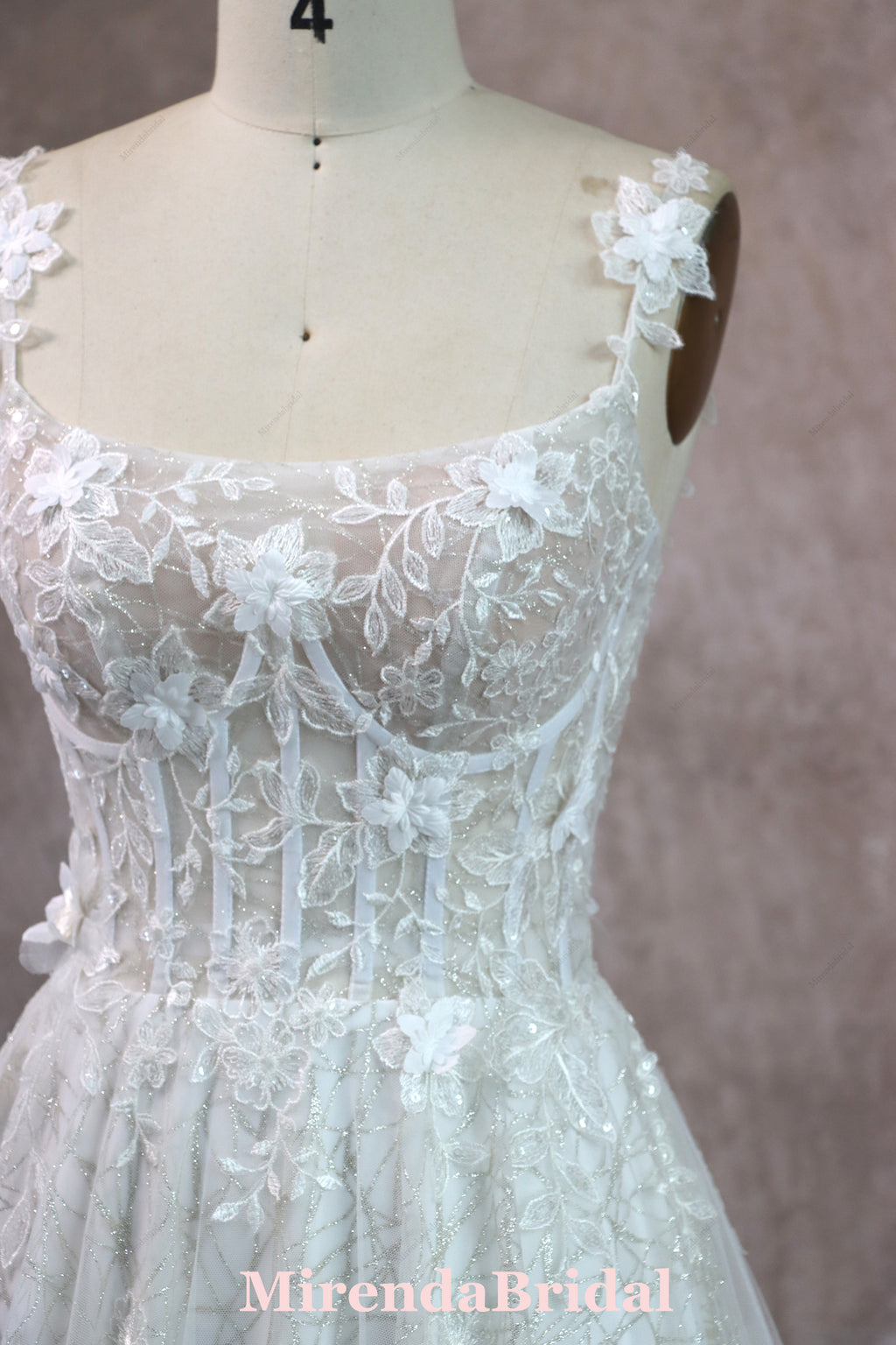 Romantic 3D Floral Lace Glitter Tulle Bridal Dress