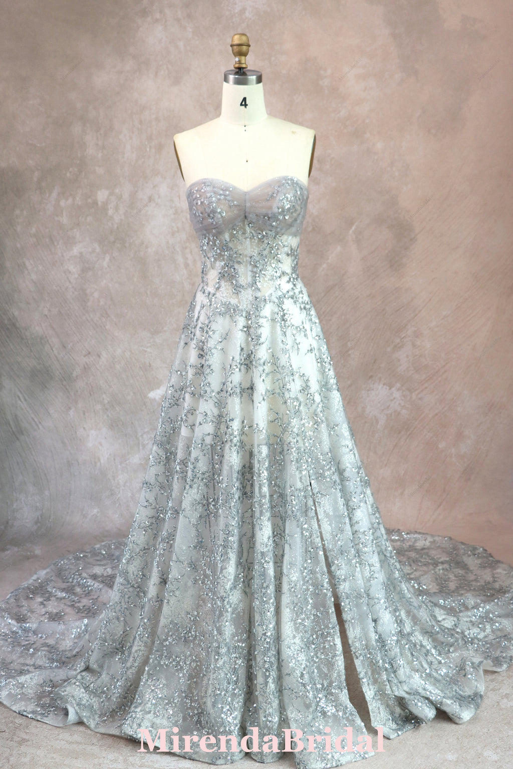 Glittering Silver Wedding Gown With Split