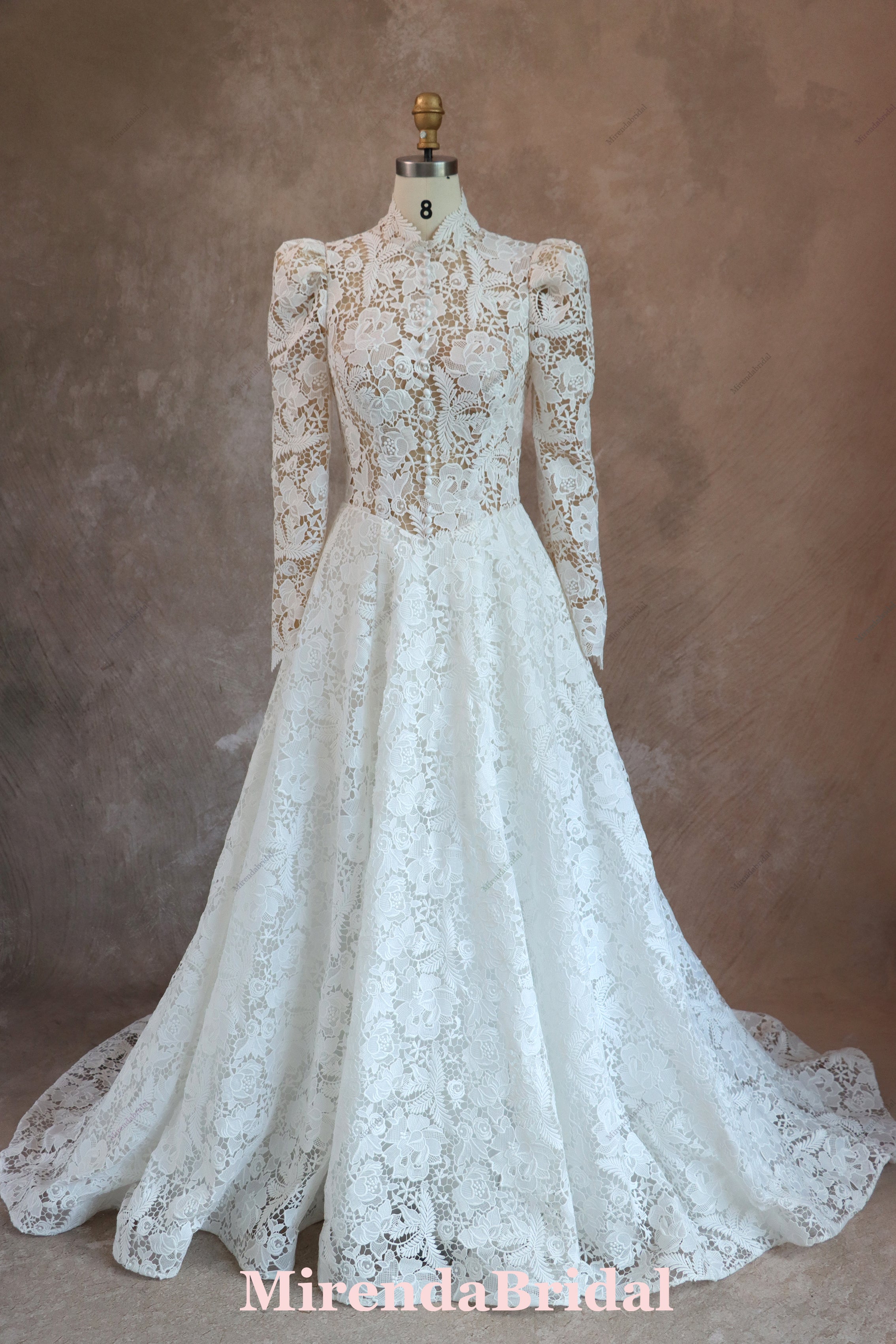 Romantic Lace High Neck Wedding Dress With Long Sleeves