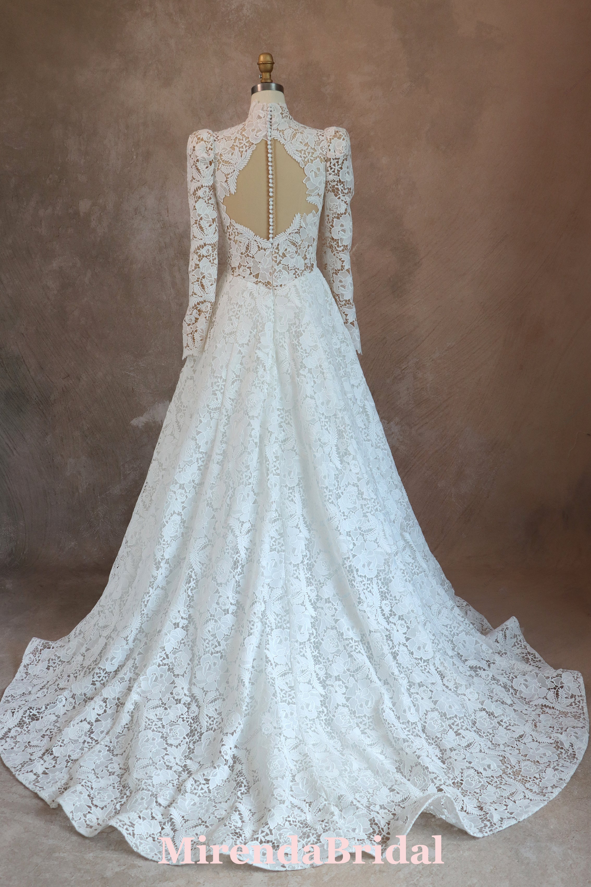 Romantic Lace High Neck Wedding Dress With Long Sleeves