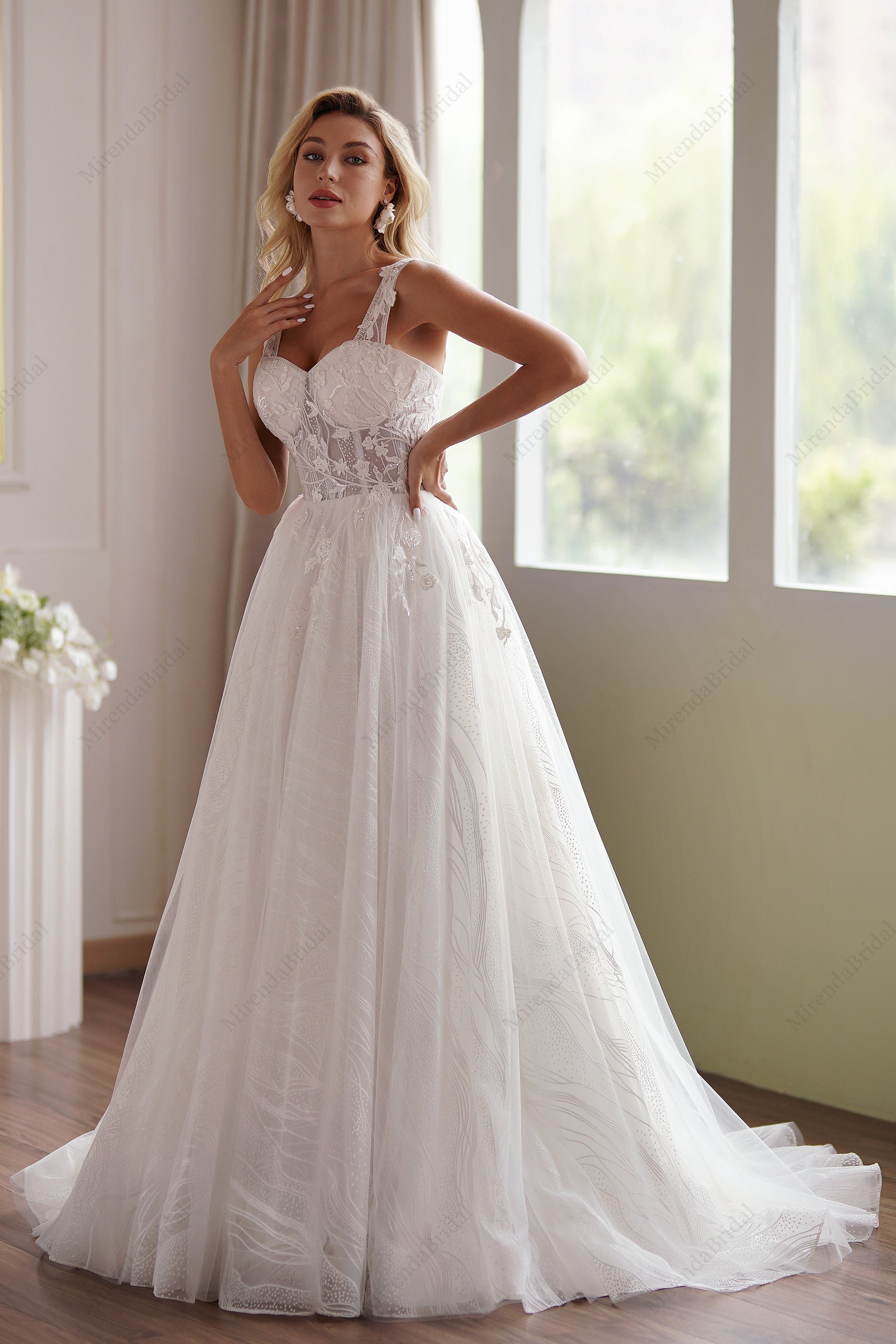 Romantic A-Line Lace Champagne Off-Shoulder Bridal Dress