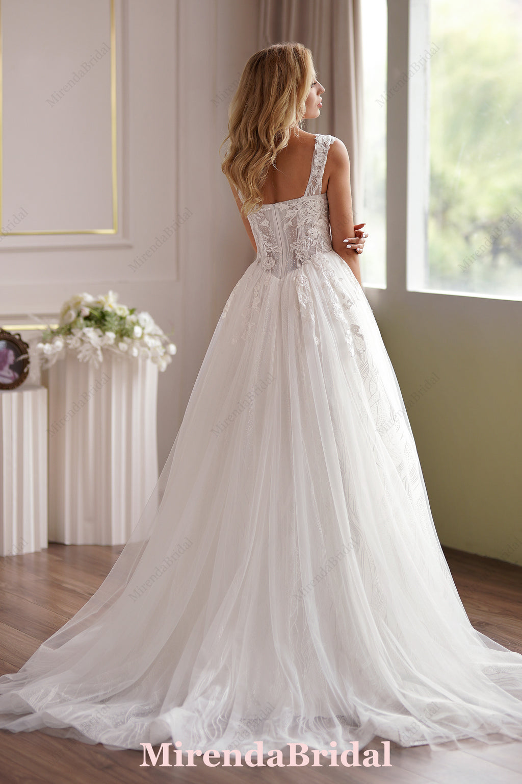Romantic A-Line Lace Champagne Off-Shoulder Bridal Dress
