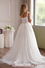 Romantic A-Line Lace Champagne Off-Shoulder Bridal Dress