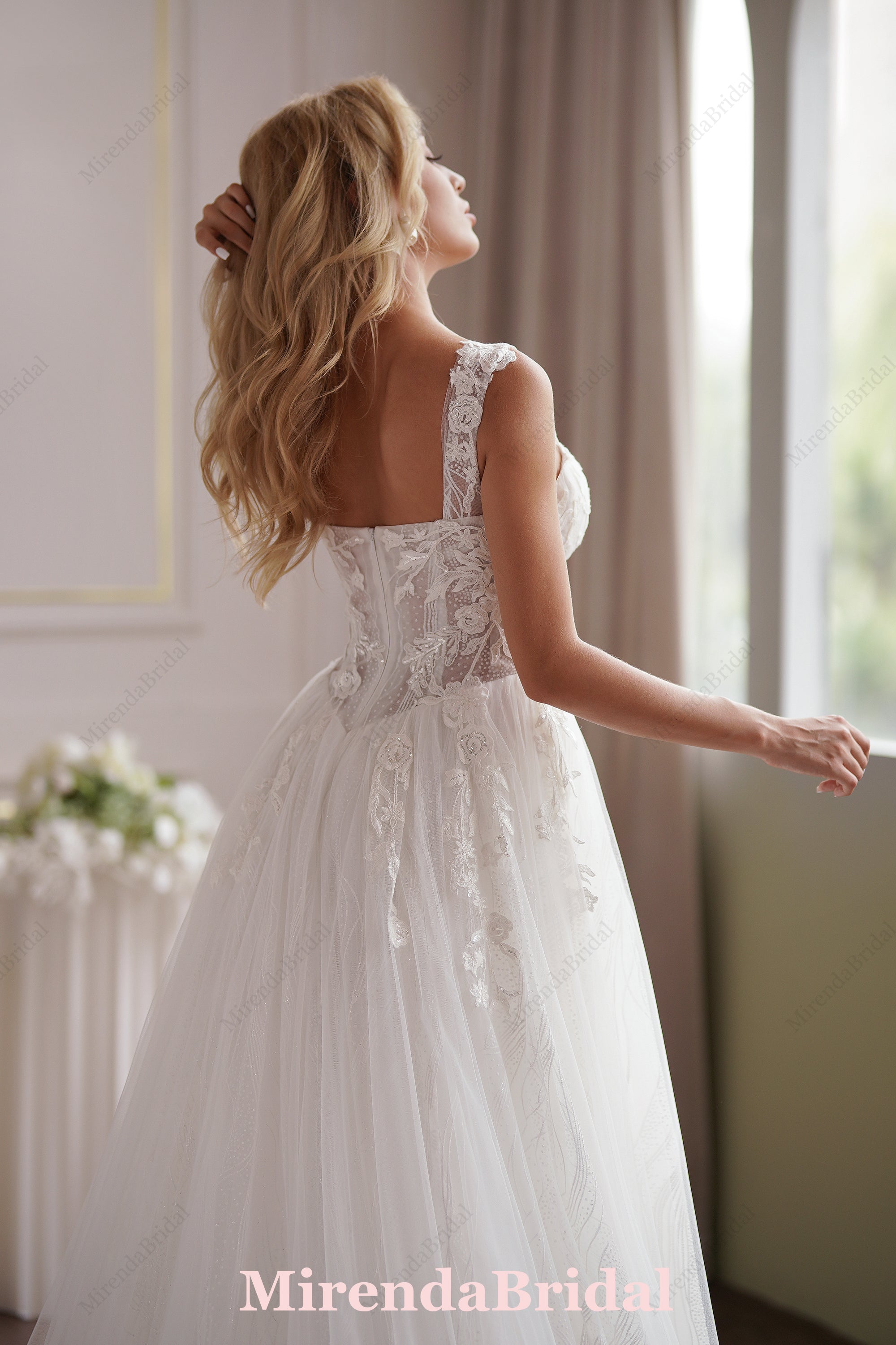 Romantic A-Line Lace Champagne Off-Shoulder Bridal Dress