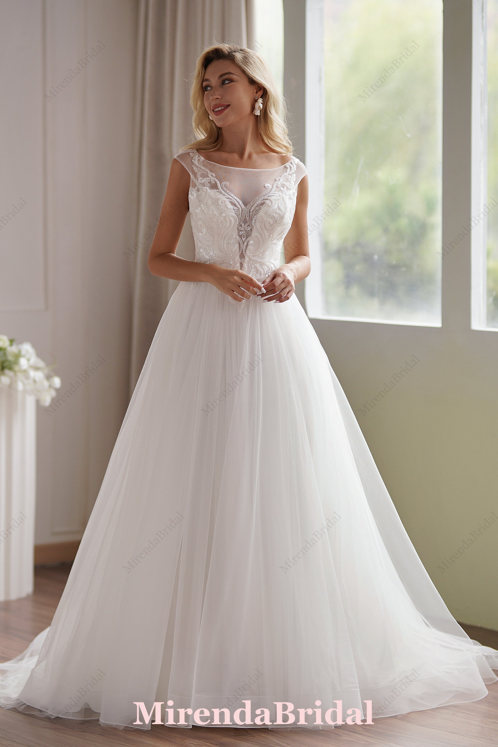 Illusion Cap Sleeve Beaded Lace Tulle Wedding Dress