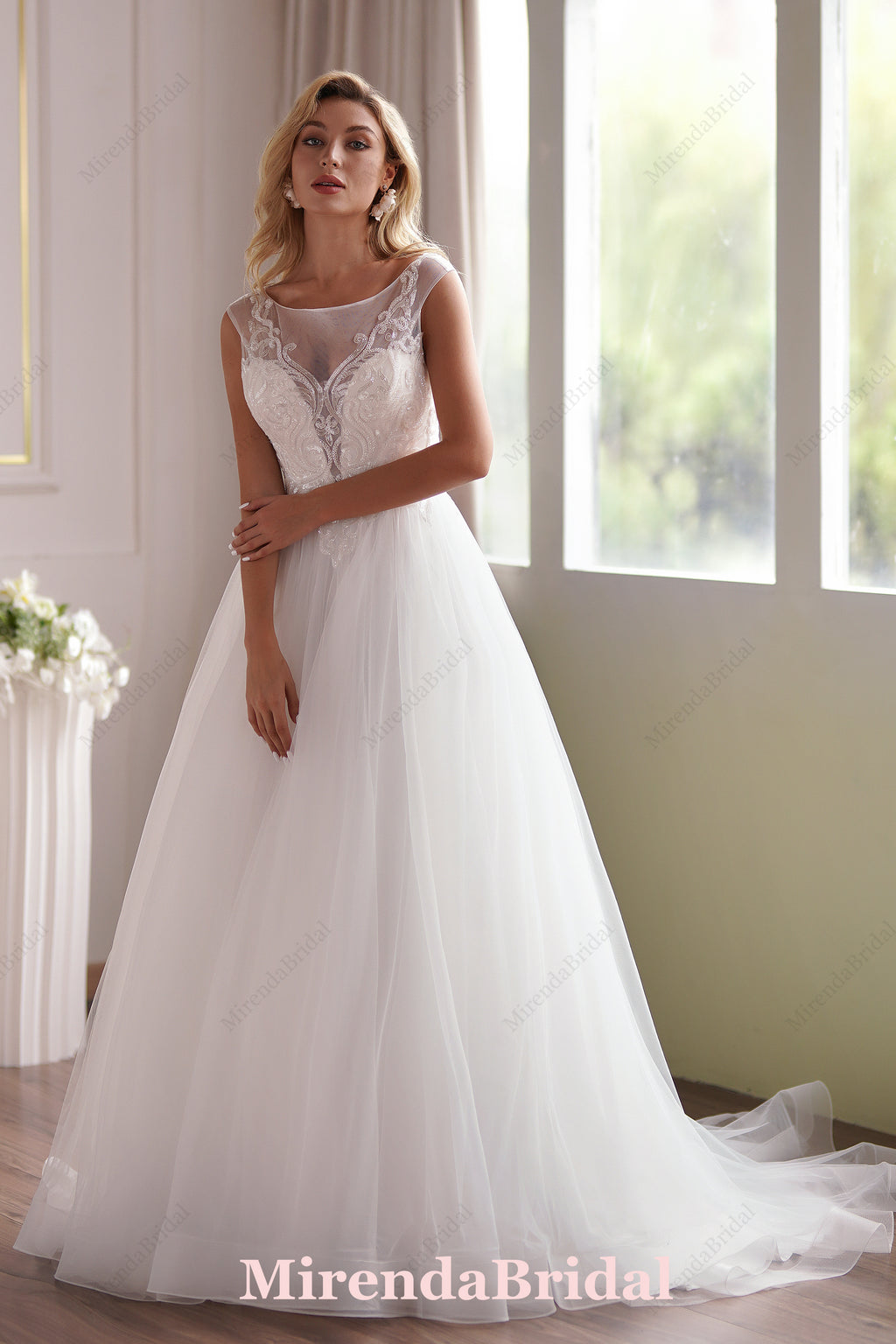 Illusion Cap Sleeve Beaded Lace Tulle Wedding Dress