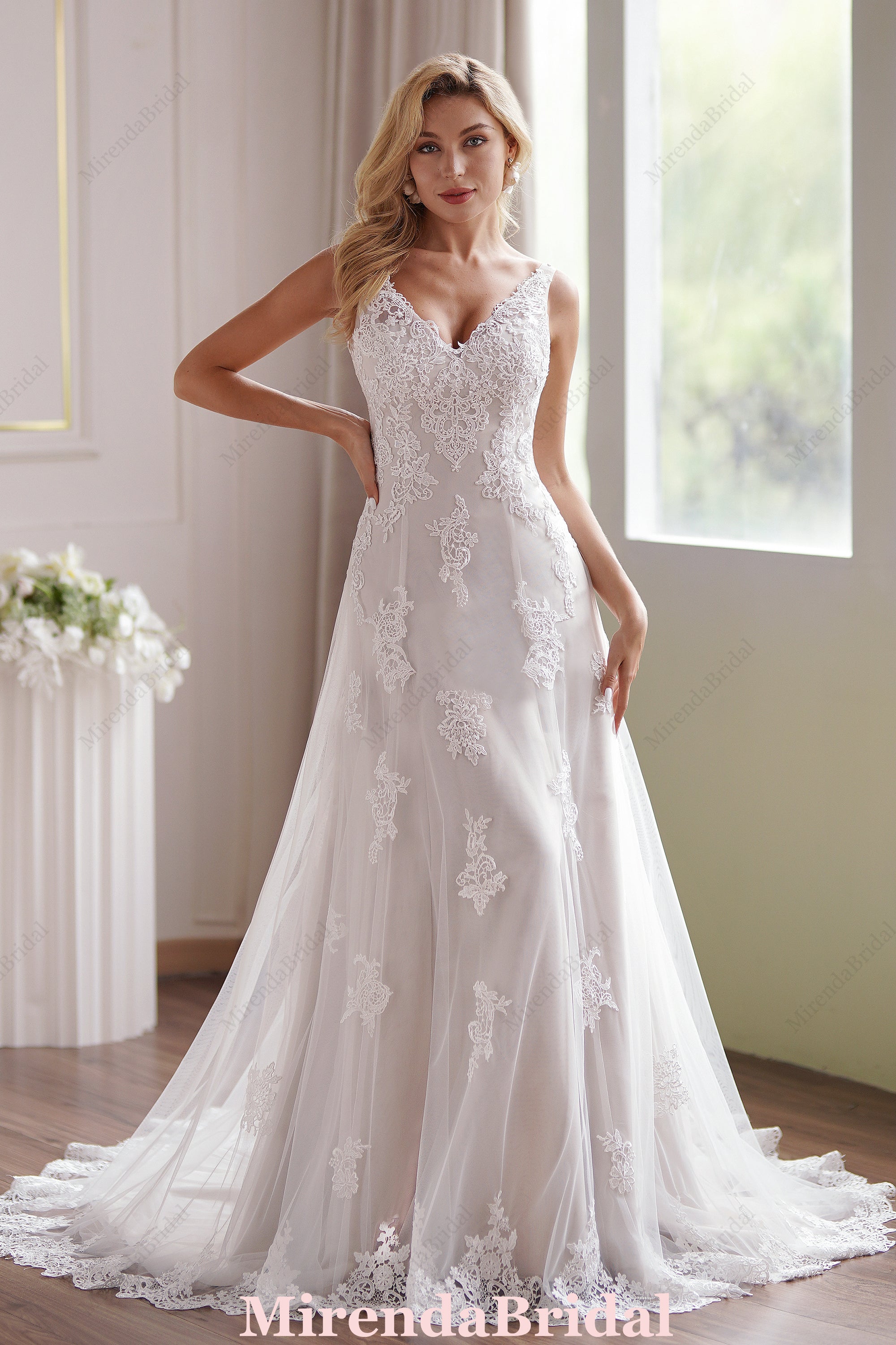 Romantic Strap V-Neck Fit & Flare Wedding Dress