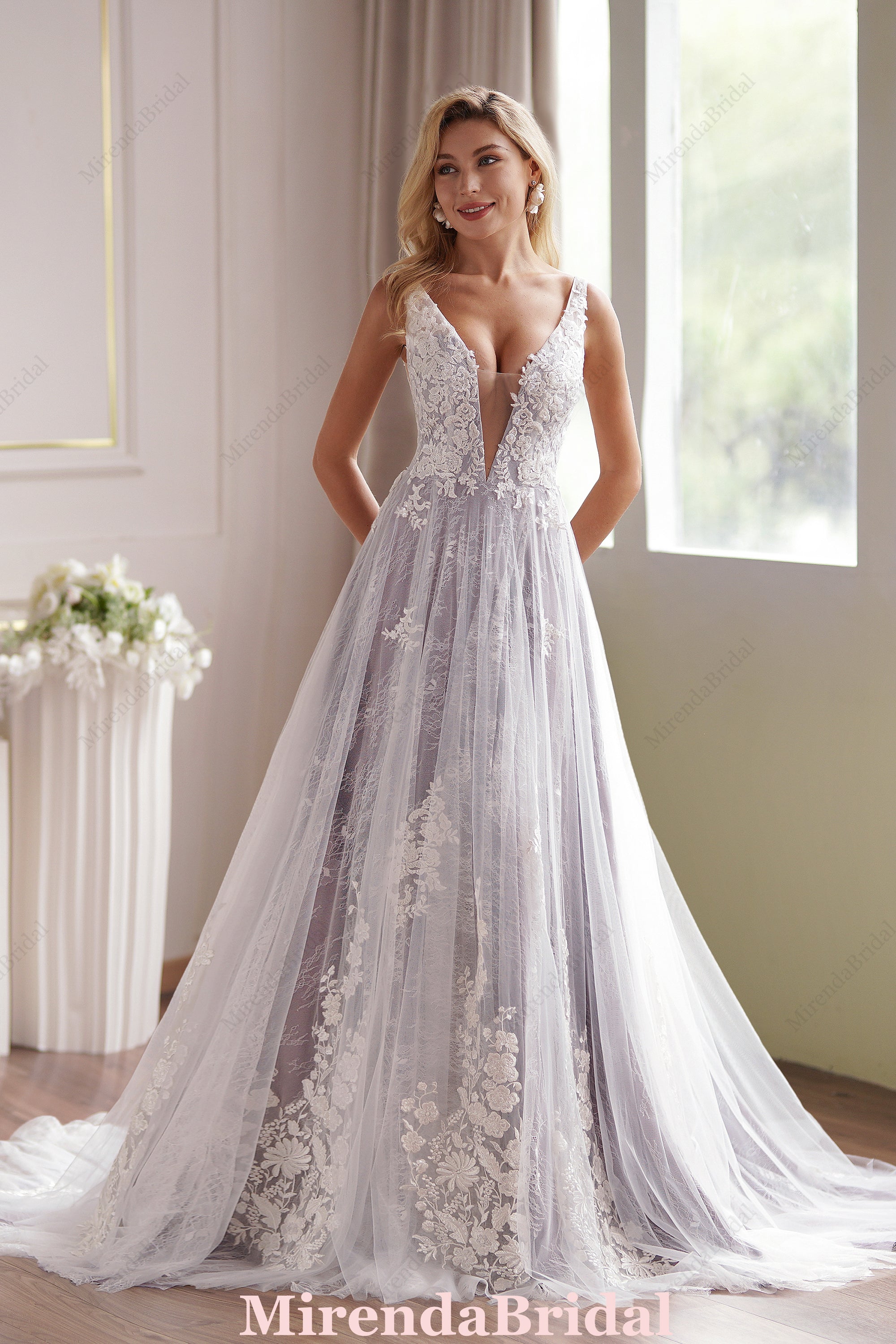 Lavender Plunging-V Beaded Lace Wedding Dress