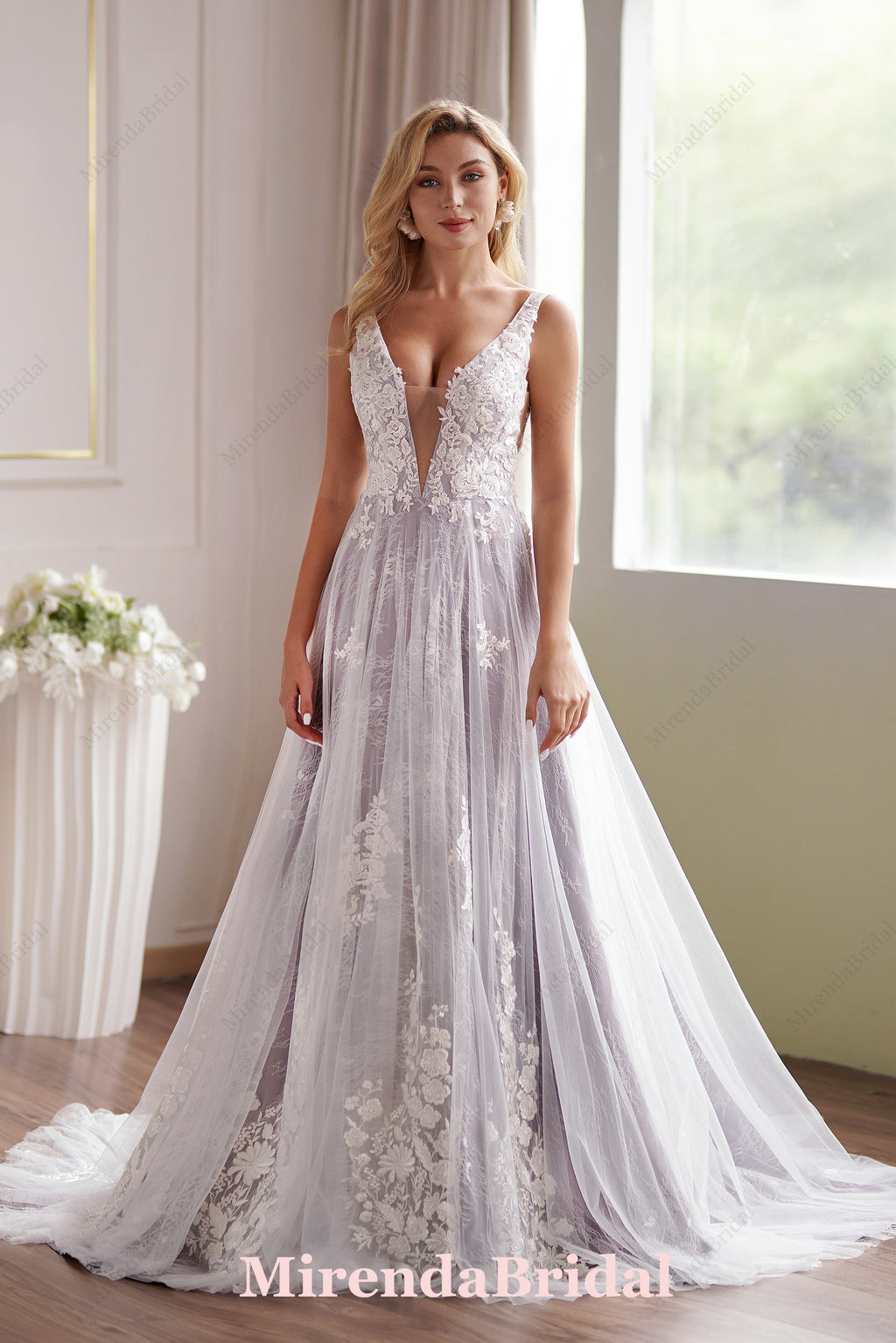 Lavender Plunging-V Beaded Lace Wedding Dress