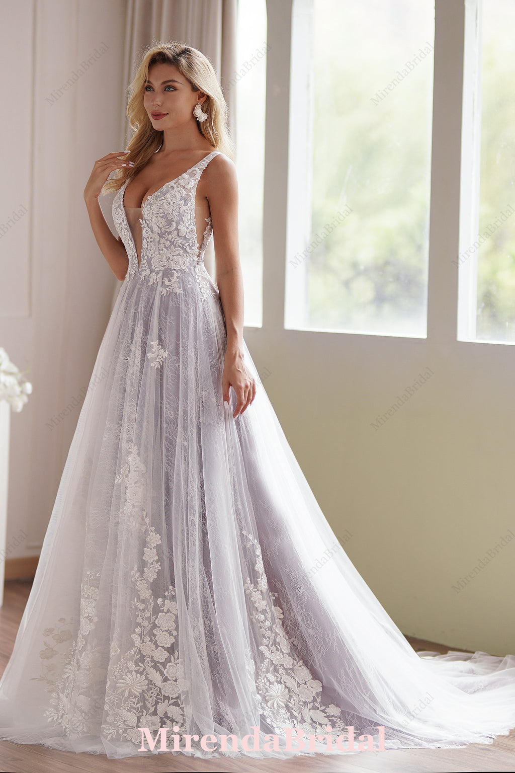 Lavender Plunging-V Beaded Lace Wedding Dress