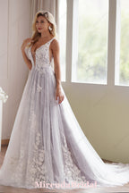 Lavender Plunging-V Beaded Lace Wedding Dress