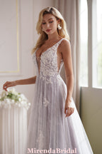 Lavender Plunging-V Beaded Lace Wedding Dress