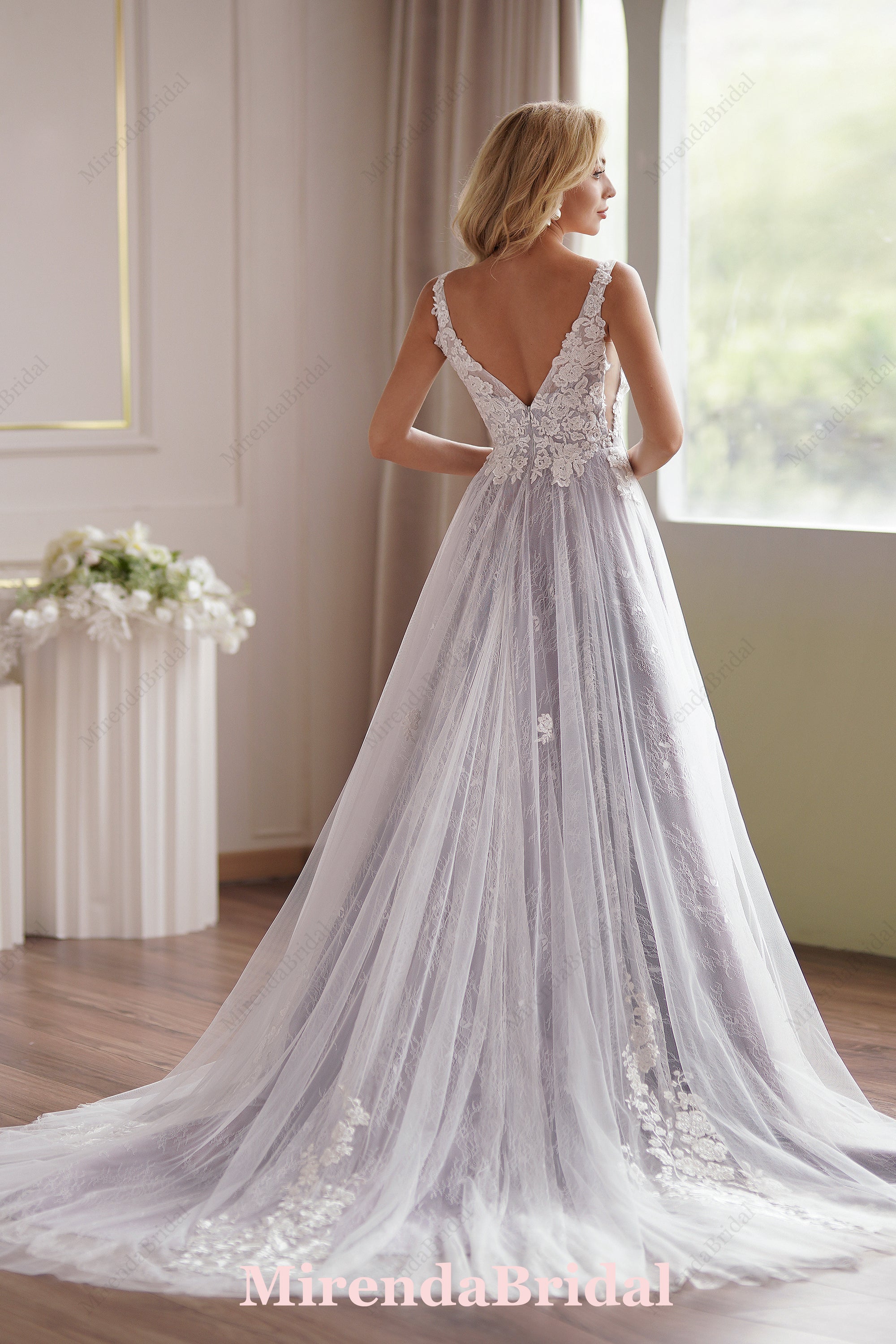 Lavender Plunging-V Beaded Lace Wedding Dress