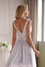 Lavender Plunging-V Beaded Lace Wedding Dress
