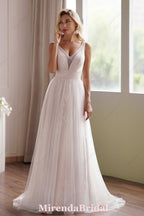 A-Line/Princess V-Neck Sweep Train Tulle Wedding Dress