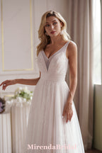 A-Line/Princess V-Neck Sweep Train Tulle Wedding Dress