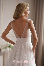 A-Line/Princess V-Neck Sweep Train Tulle Wedding Dress