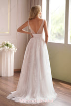 A-Line/Princess V-Neck Sweep Train Tulle Wedding Dress
