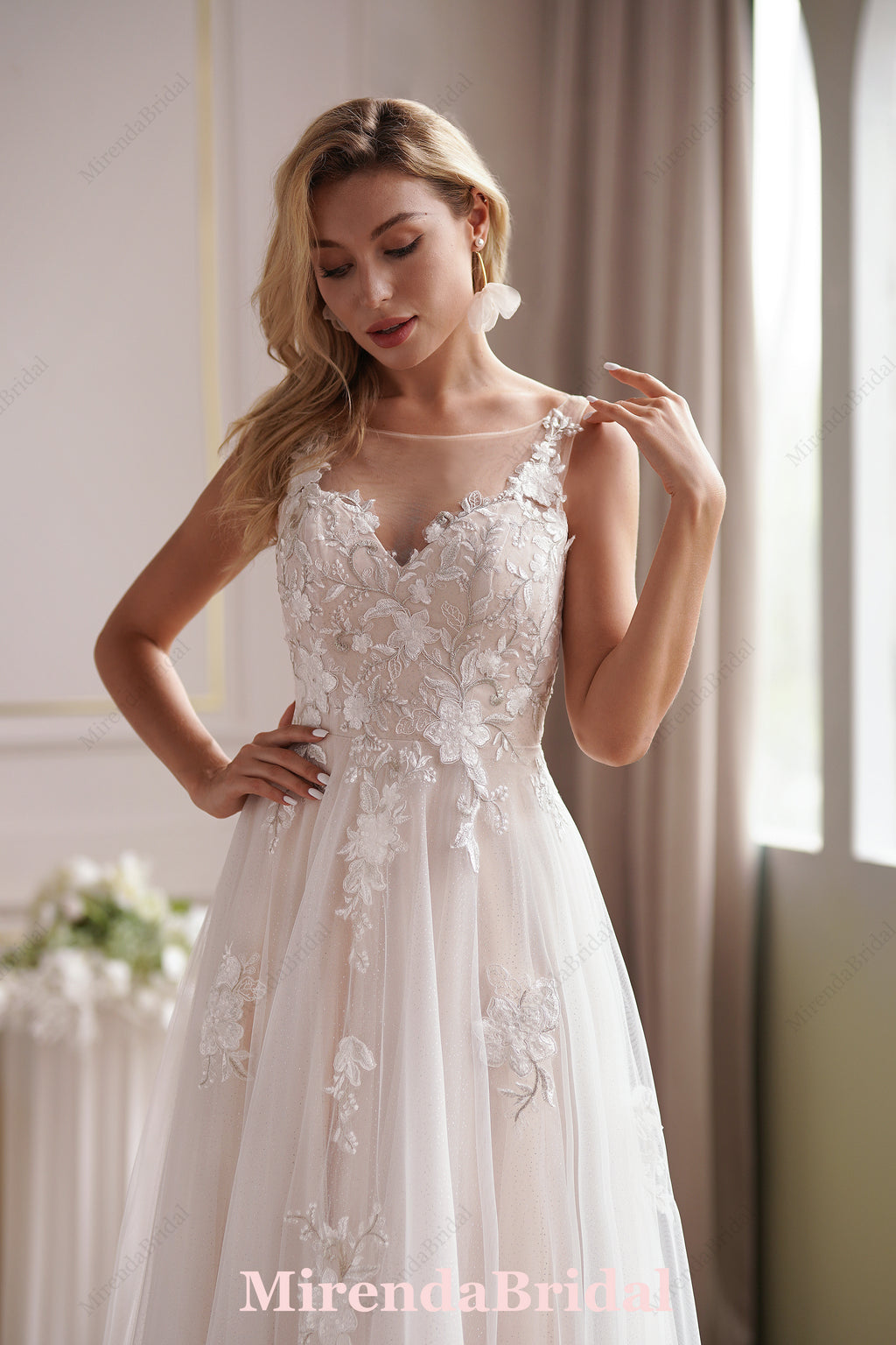Romantic Beaded Lace Illusion Back Bridal Gown