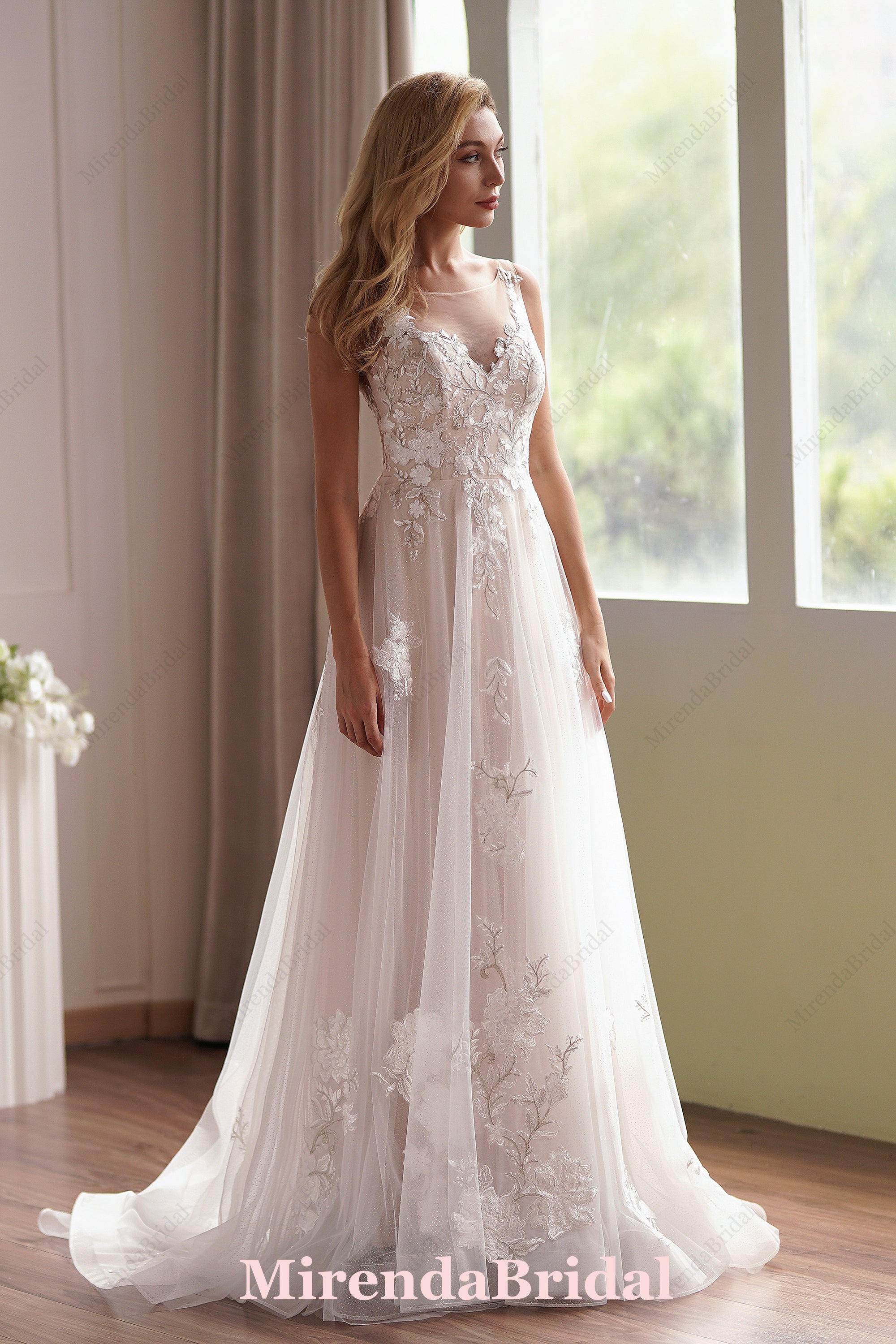 Romantic Beaded Lace Illusion Back Bridal Gown