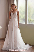 Romantic Beaded Lace Illusion Back Bridal Gown