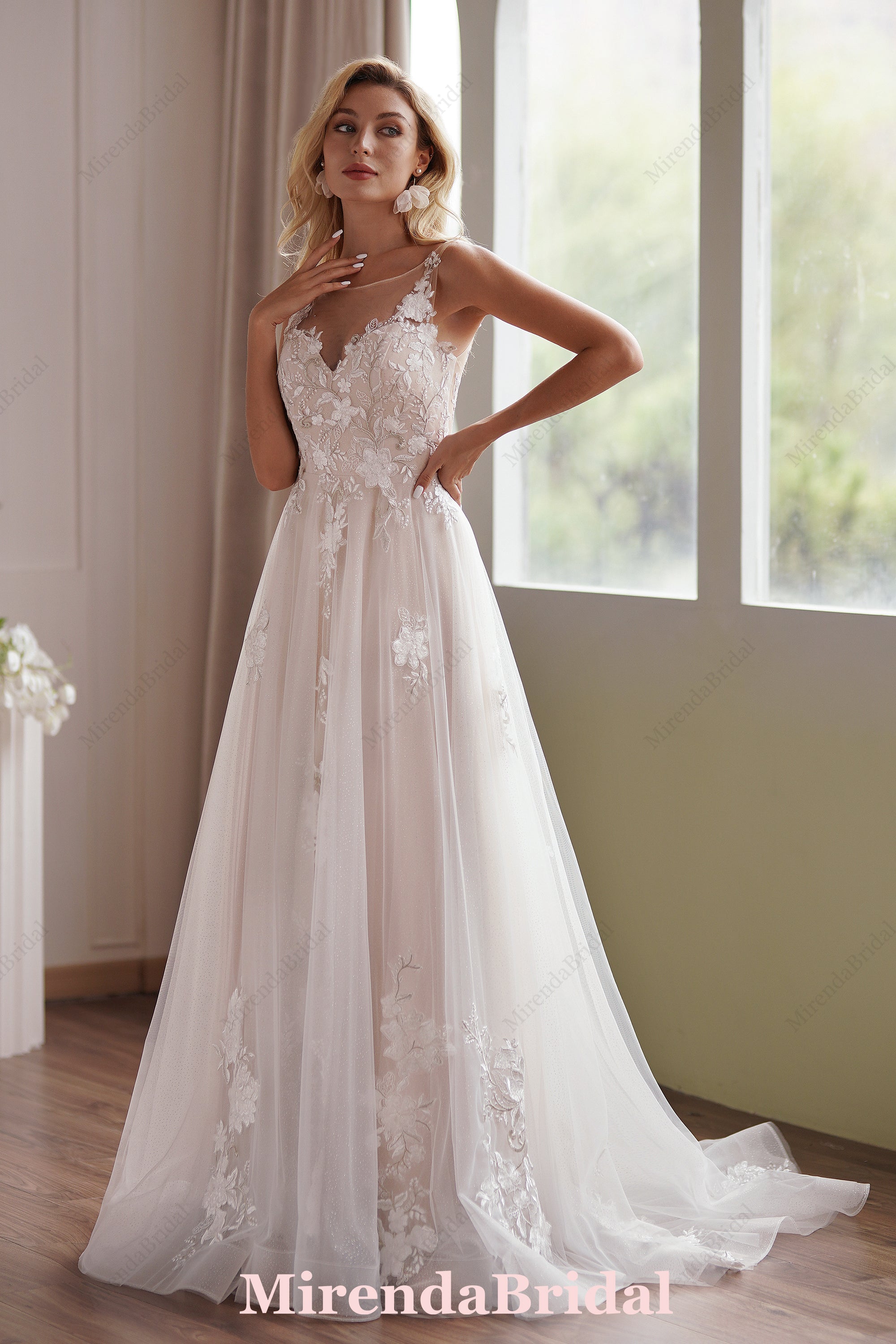Romantic Beaded Lace Illusion Back Bridal Gown