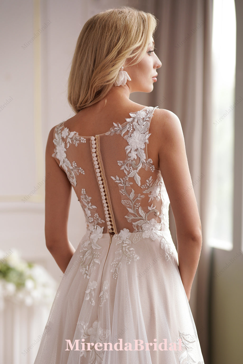 Romantic Beaded Lace Illusion Back Bridal Gown