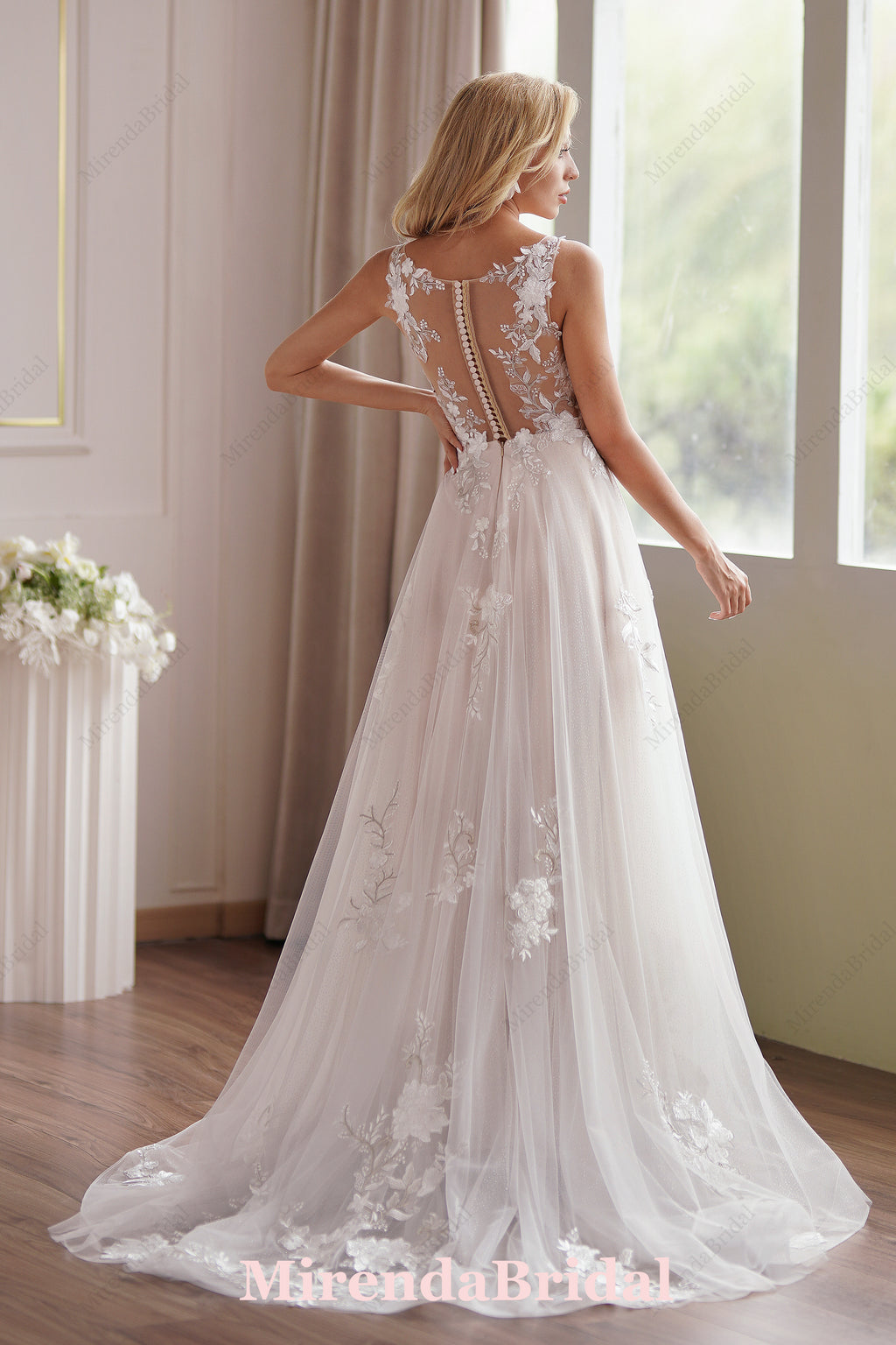 Romantic Beaded Lace Illusion Back Bridal Gown