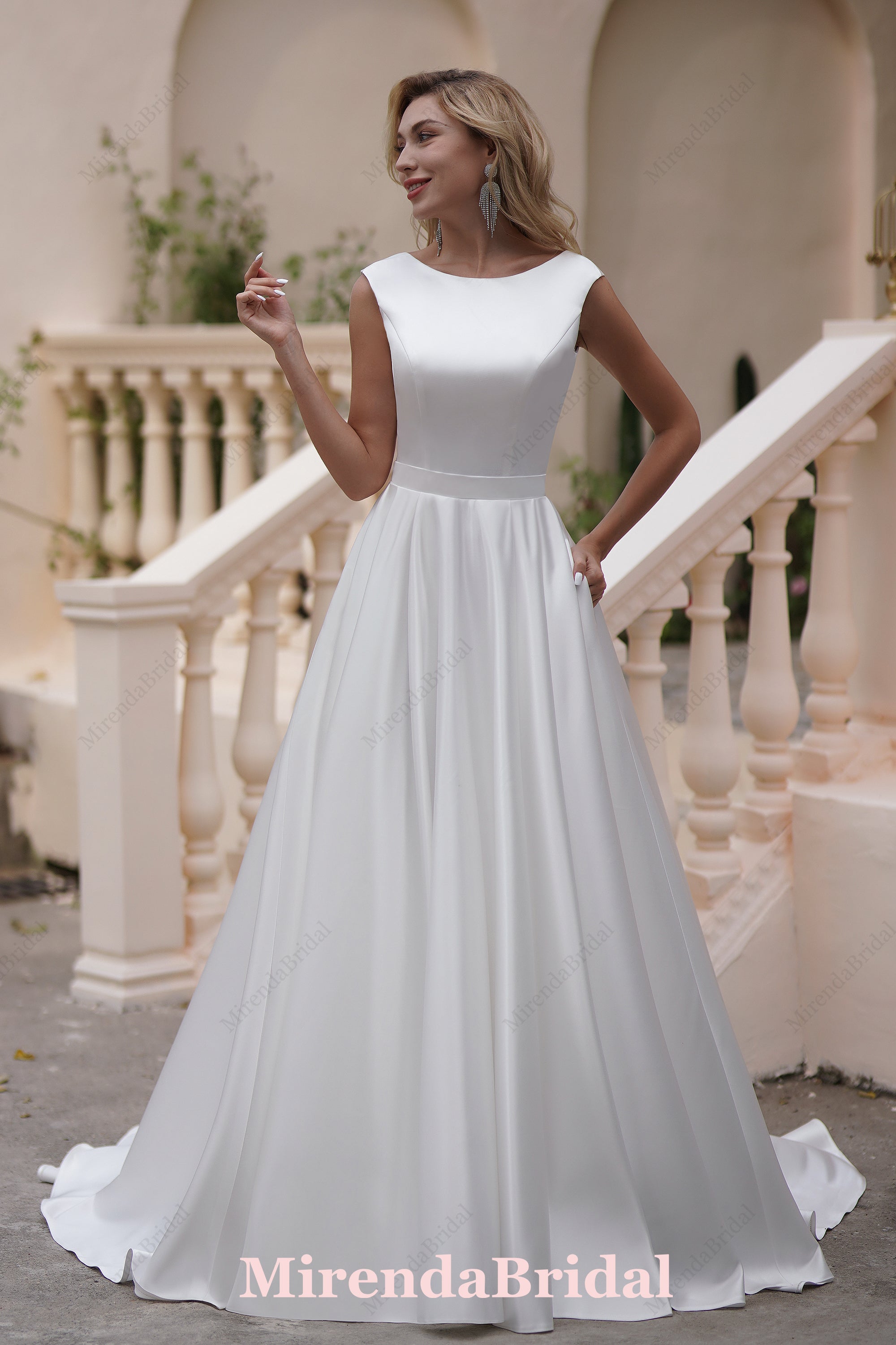 Simple Long Satin A-Line Wedding Dresses With Pockets