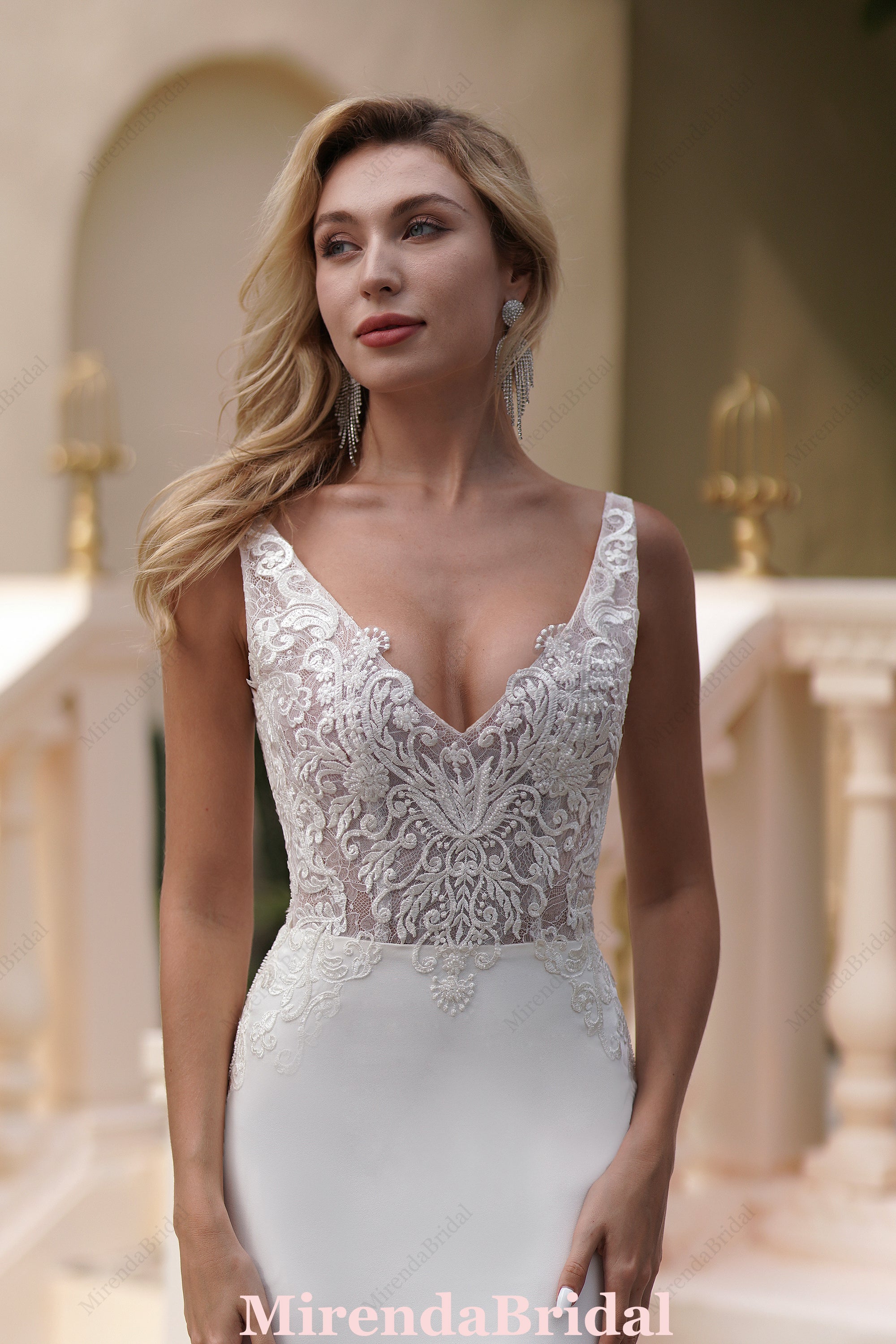 Elegant Beaded Lace Satin Mermaid Wedding Dress