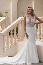 Elegant Beaded Lace Satin Mermaid Wedding Dress
