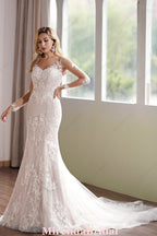 Long Sleeve Lace Appliques Bridal Dress With Illusion Back