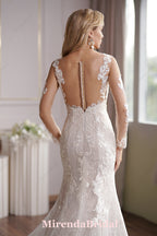 Long Sleeve Lace Appliques Bridal Dress With Illusion Back