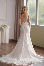 Long Sleeve Lace Appliques Bridal Dress With Illusion Back