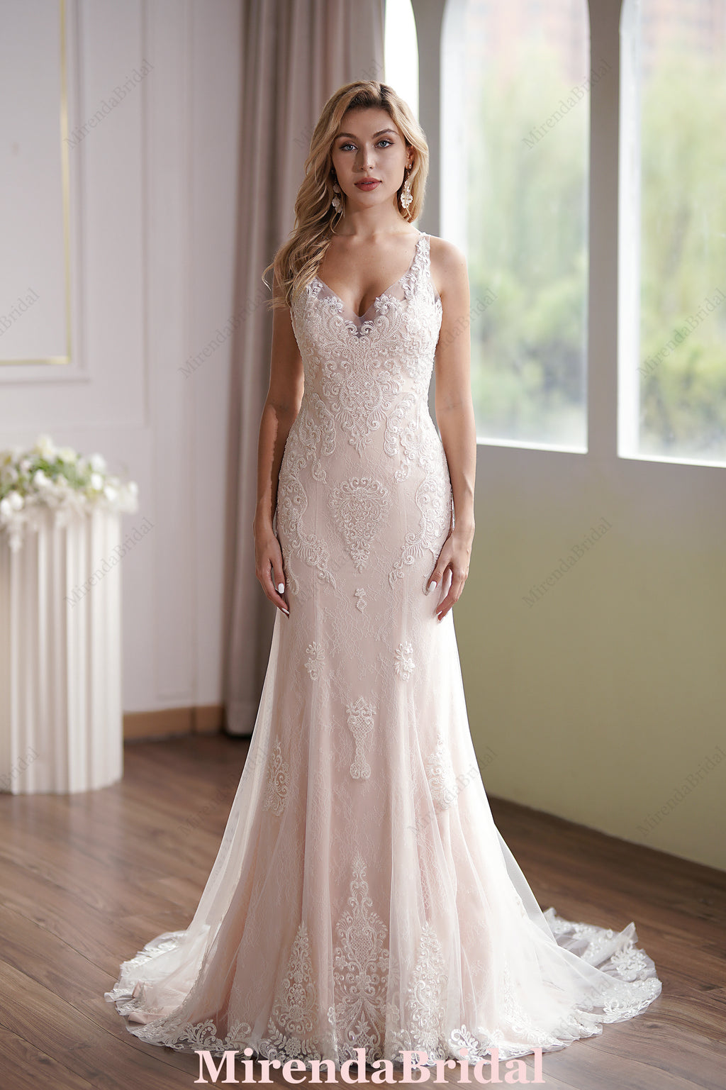 Luxurious Blush V-Neck Beaded Mermaid Bridal Gown