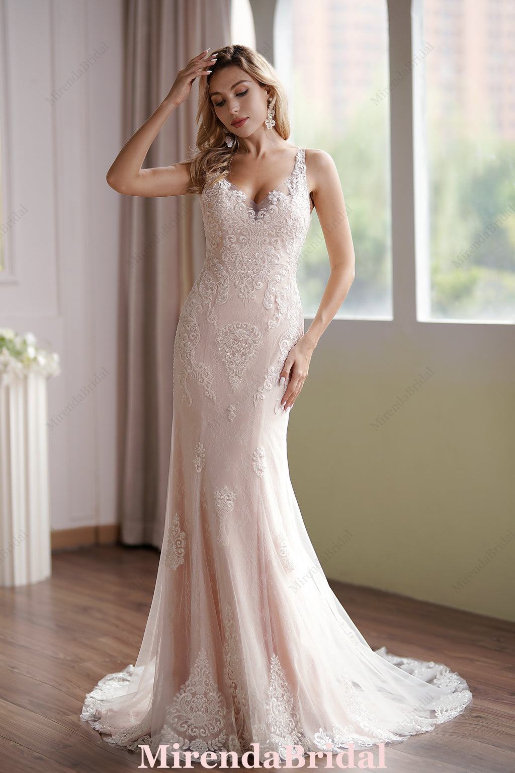 Luxurious Blush V-Neck Beaded Mermaid Bridal Gown