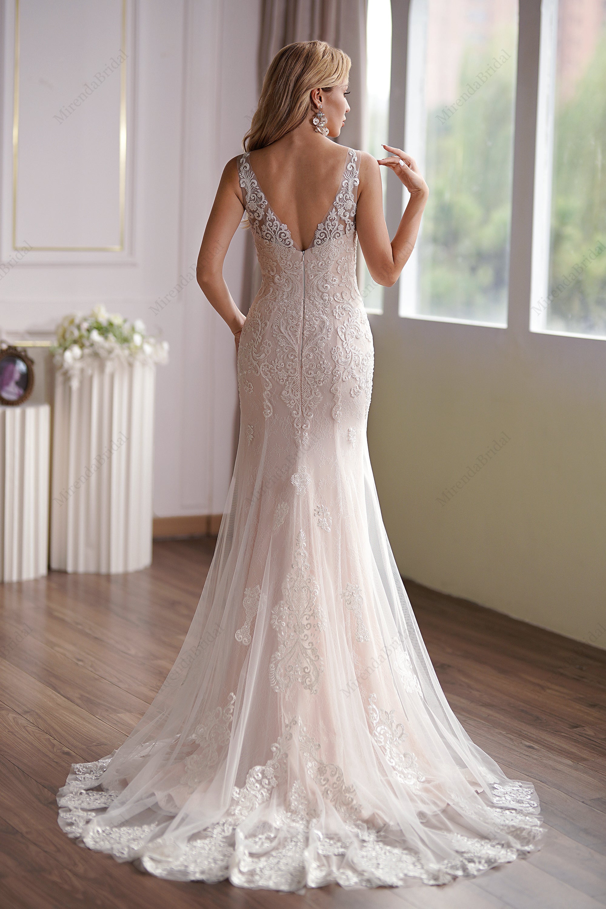 Luxurious Blush V-Neck Beaded Mermaid Bridal Gown