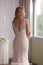 Luxurious Blush V-Neck Beaded Mermaid Bridal Gown