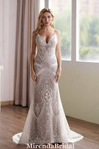 Glamorous Lace Fit-and-Flare Wedding Gown With Plunging Neckline