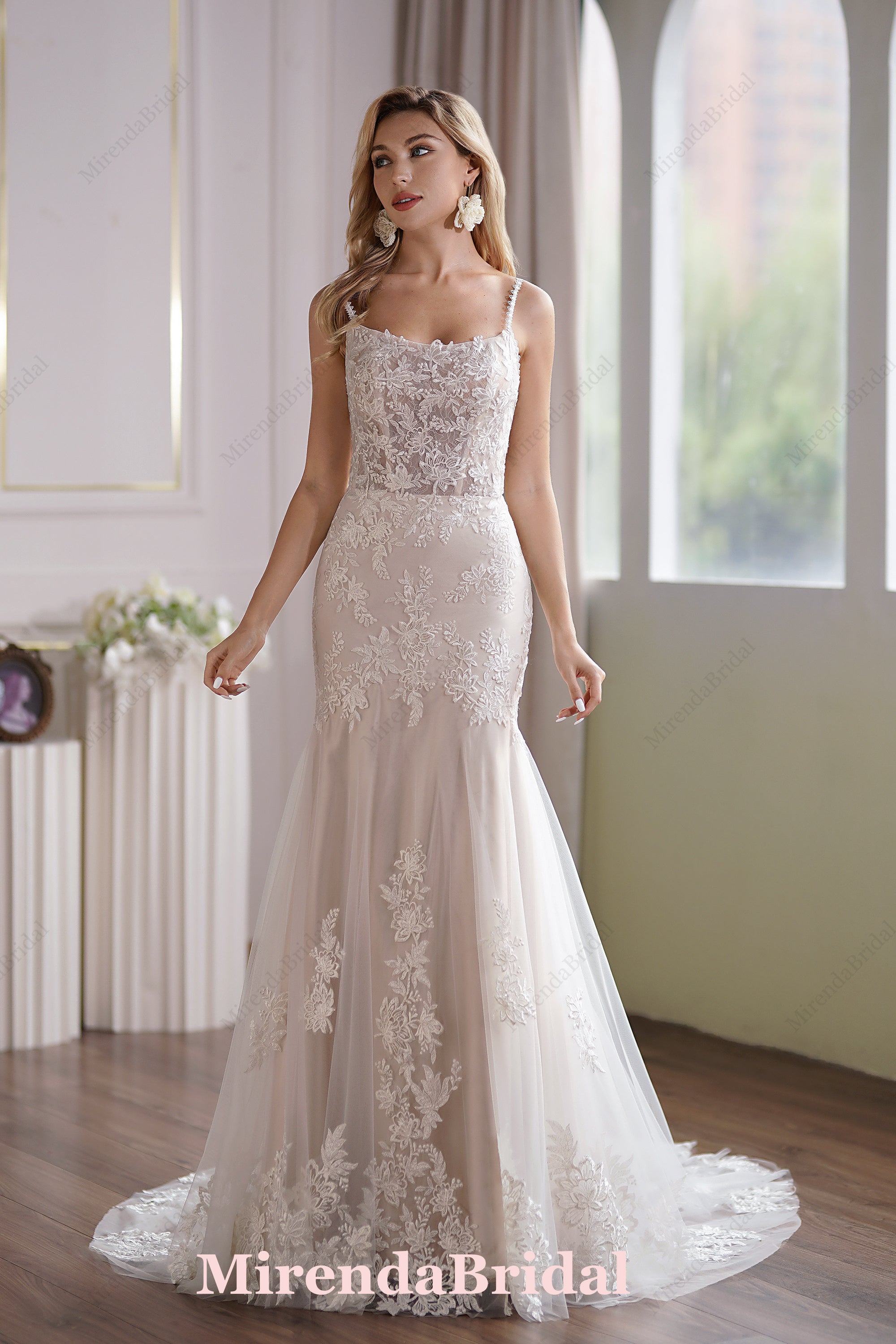 This Tulle Mermaid Bridal Gown Has A Subtle Scoop Neckline And A Sheer Back