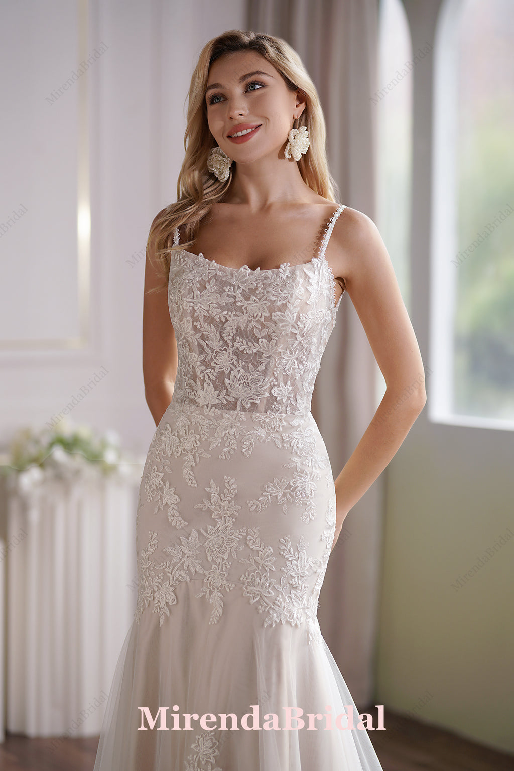 This Tulle Mermaid Bridal Gown Has A Subtle Scoop Neckline And A Sheer Back