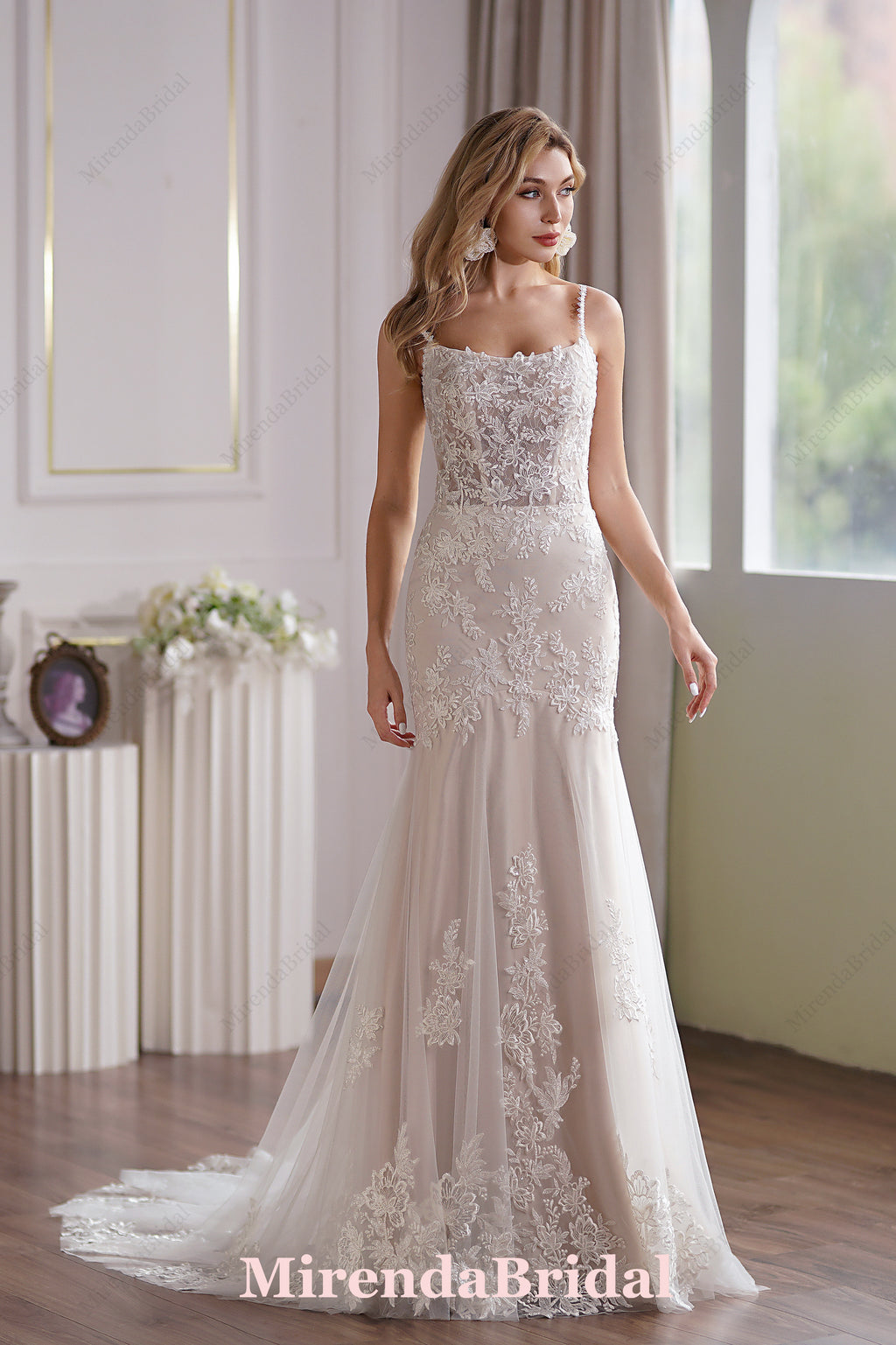 This Tulle Mermaid Bridal Gown Has A Subtle Scoop Neckline And A Sheer Back